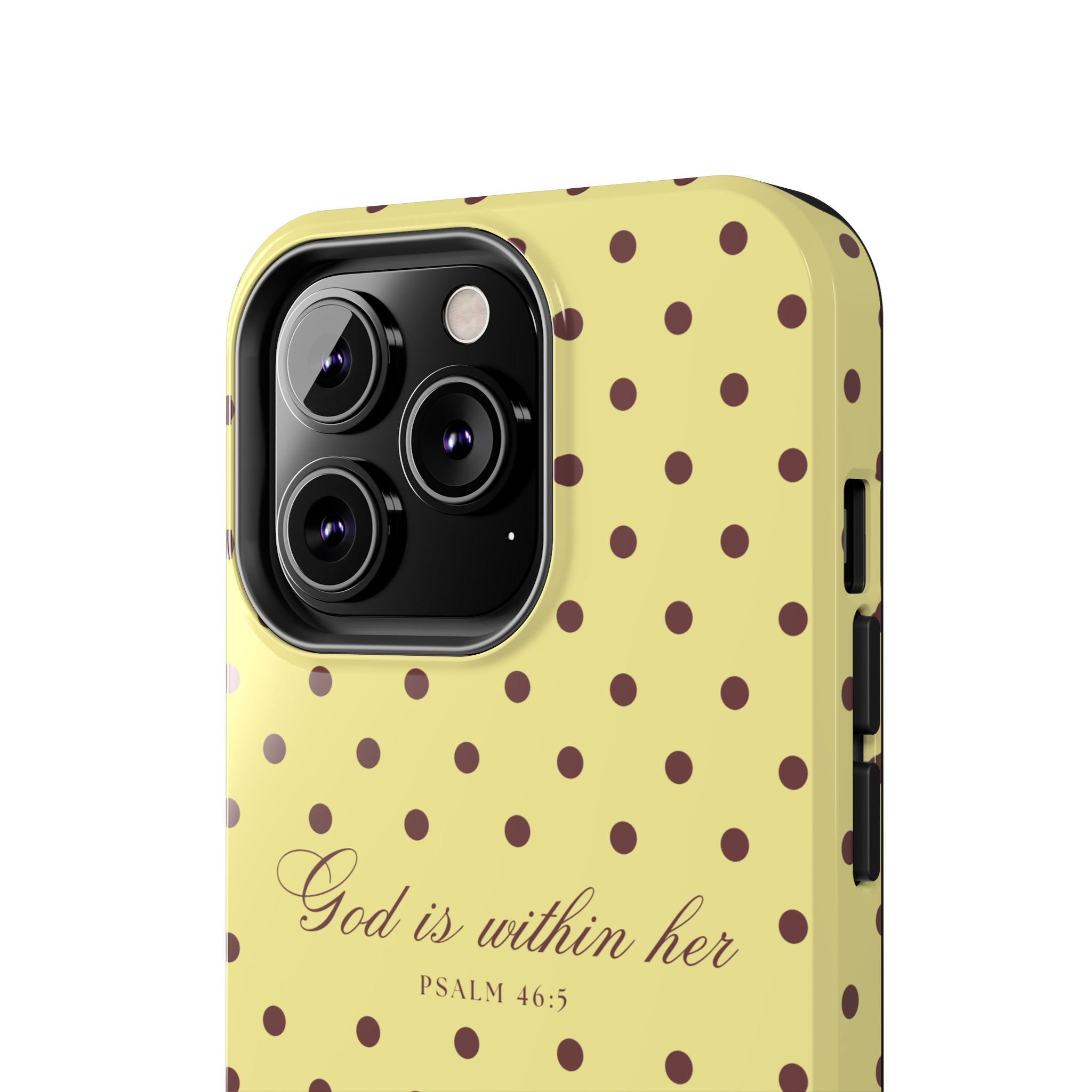 "God Is Within Her" Polka Dot Phone Case — Yellow & Brown