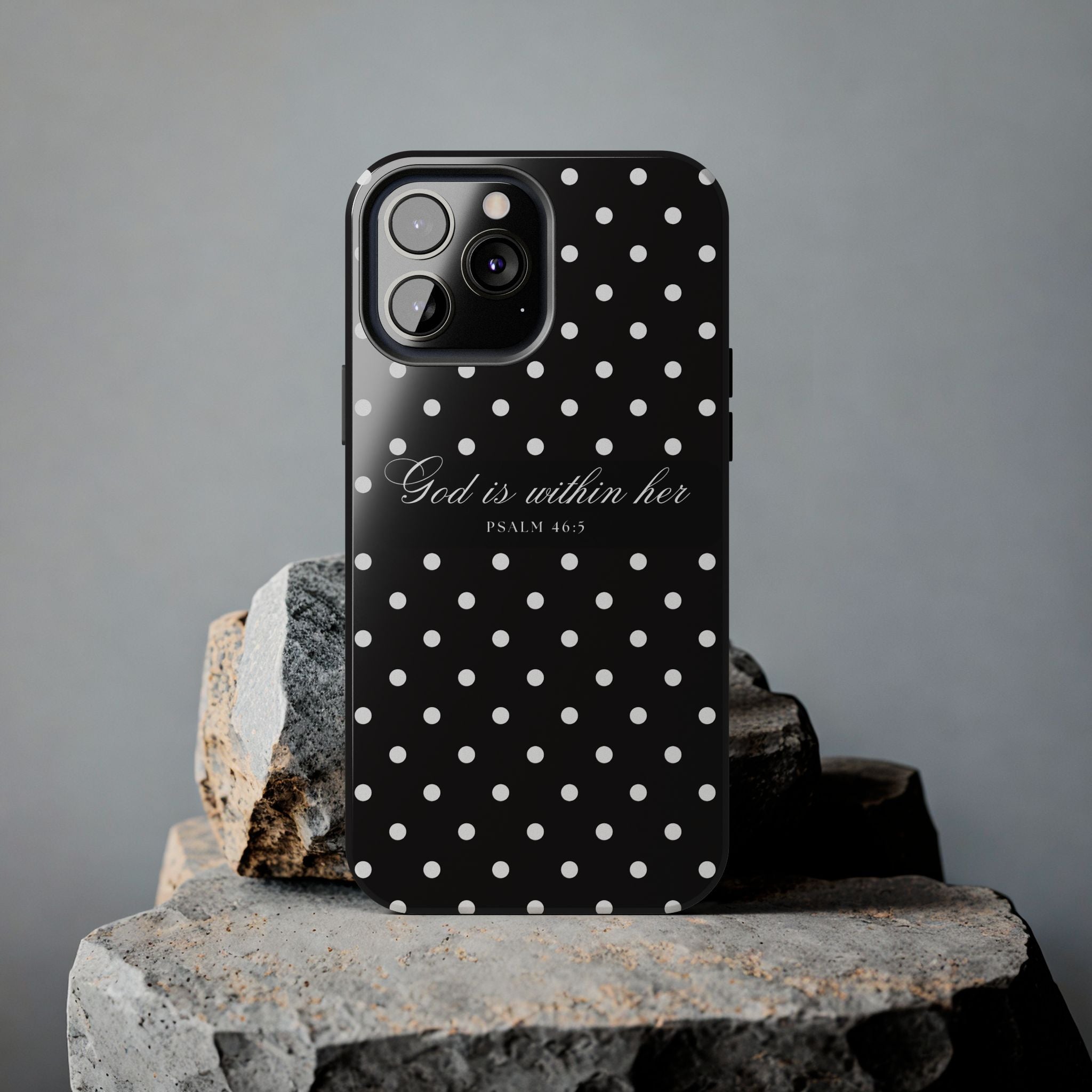 "God Is Within Her" Polka Dot Phone Case — Black & White