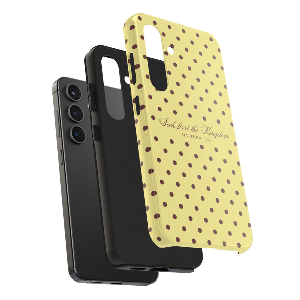 "Seek First the Kingdom" Polka Dot Phone Case — Yellow & Brown