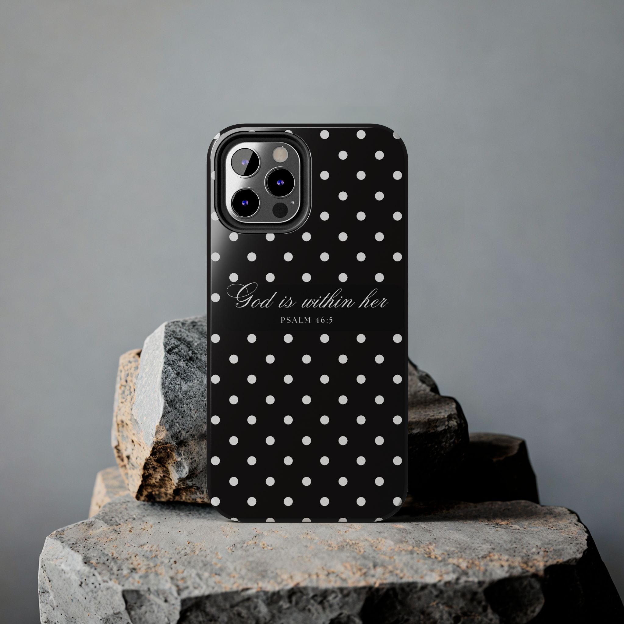 "God Is Within Her" Polka Dot Phone Case — Black & White