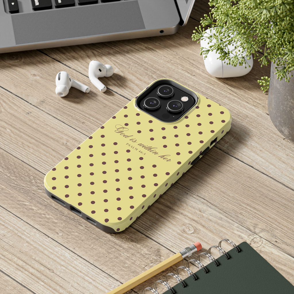 "God Is Within Her" Polka Dot Phone Case — Yellow & Brown