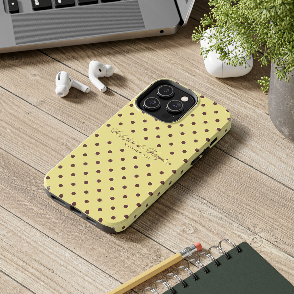"Seek First the Kingdom" Polka Dot Phone Case — Yellow & Brown