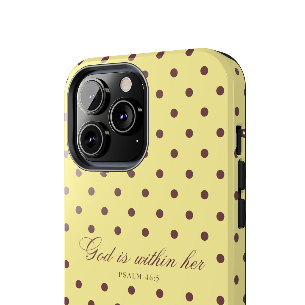 "God Is Within Her" Polka Dot Phone Case — Yellow & Brown
