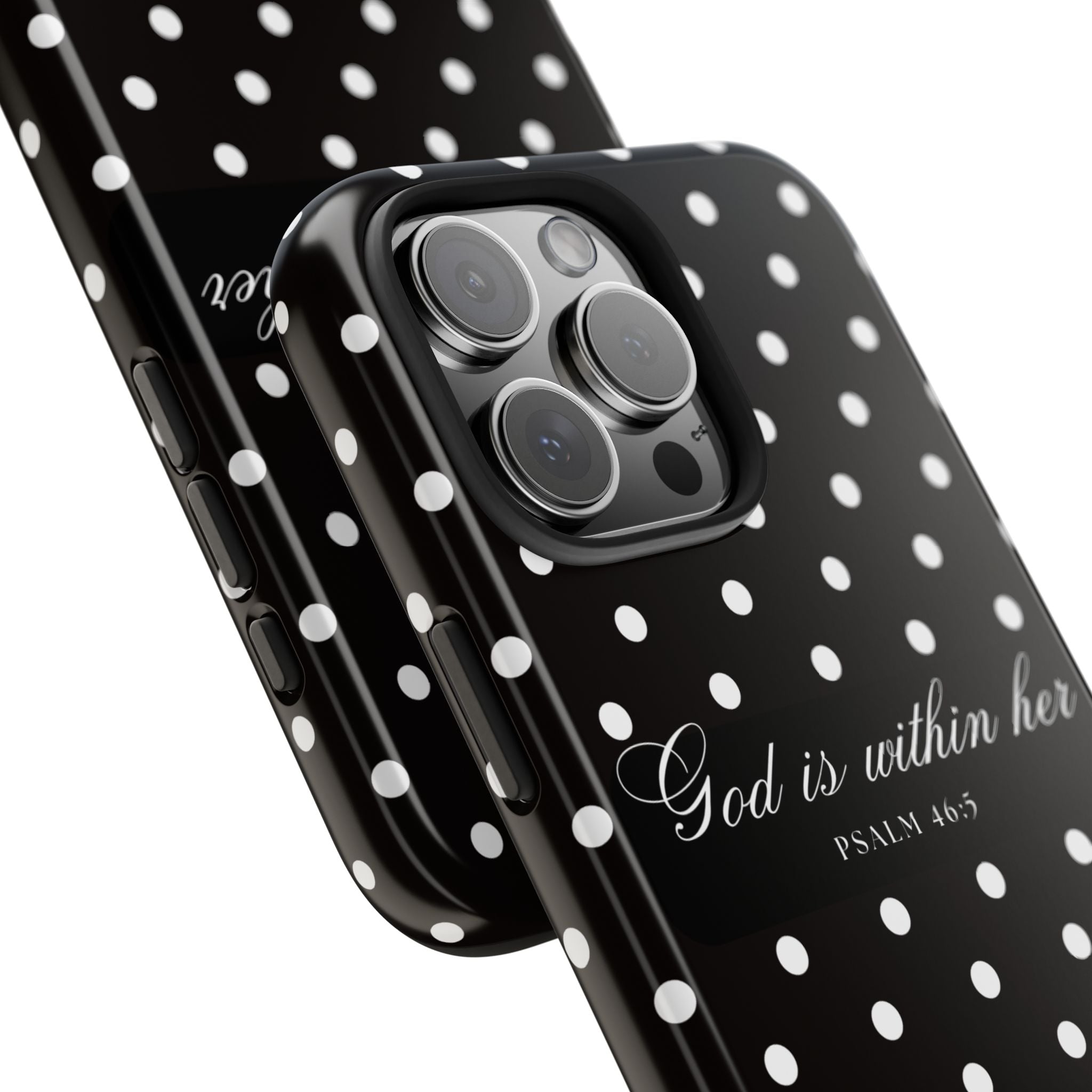 "God Is Within Her" Polka Dot Phone Case — Black & White