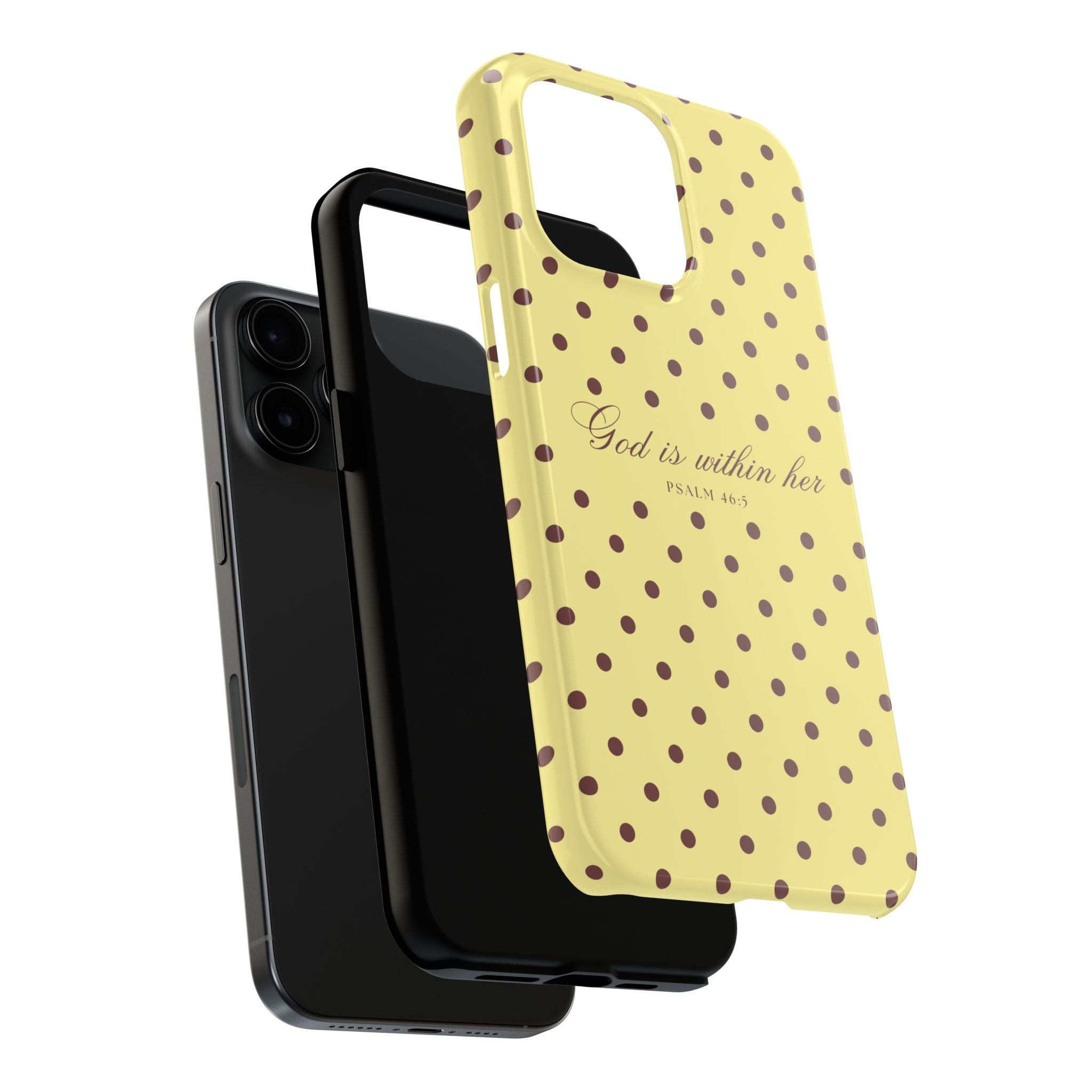"God Is Within Her" Polka Dot Phone Case — Yellow & Brown