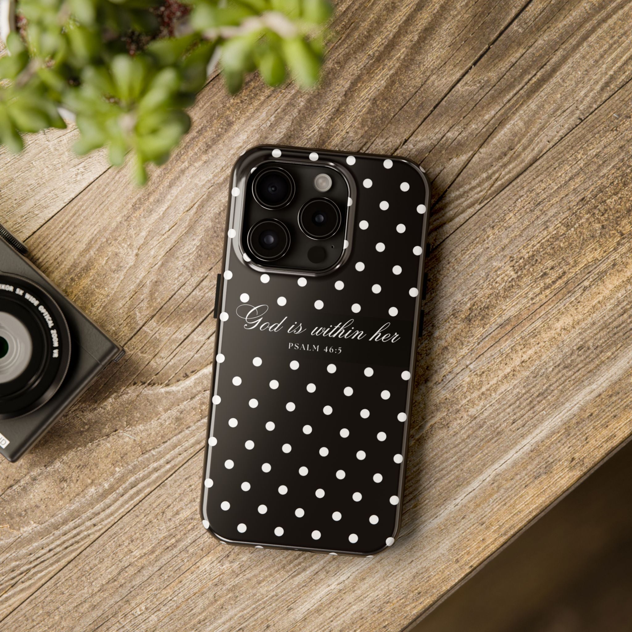 "God Is Within Her" Polka Dot Phone Case — Black & White
