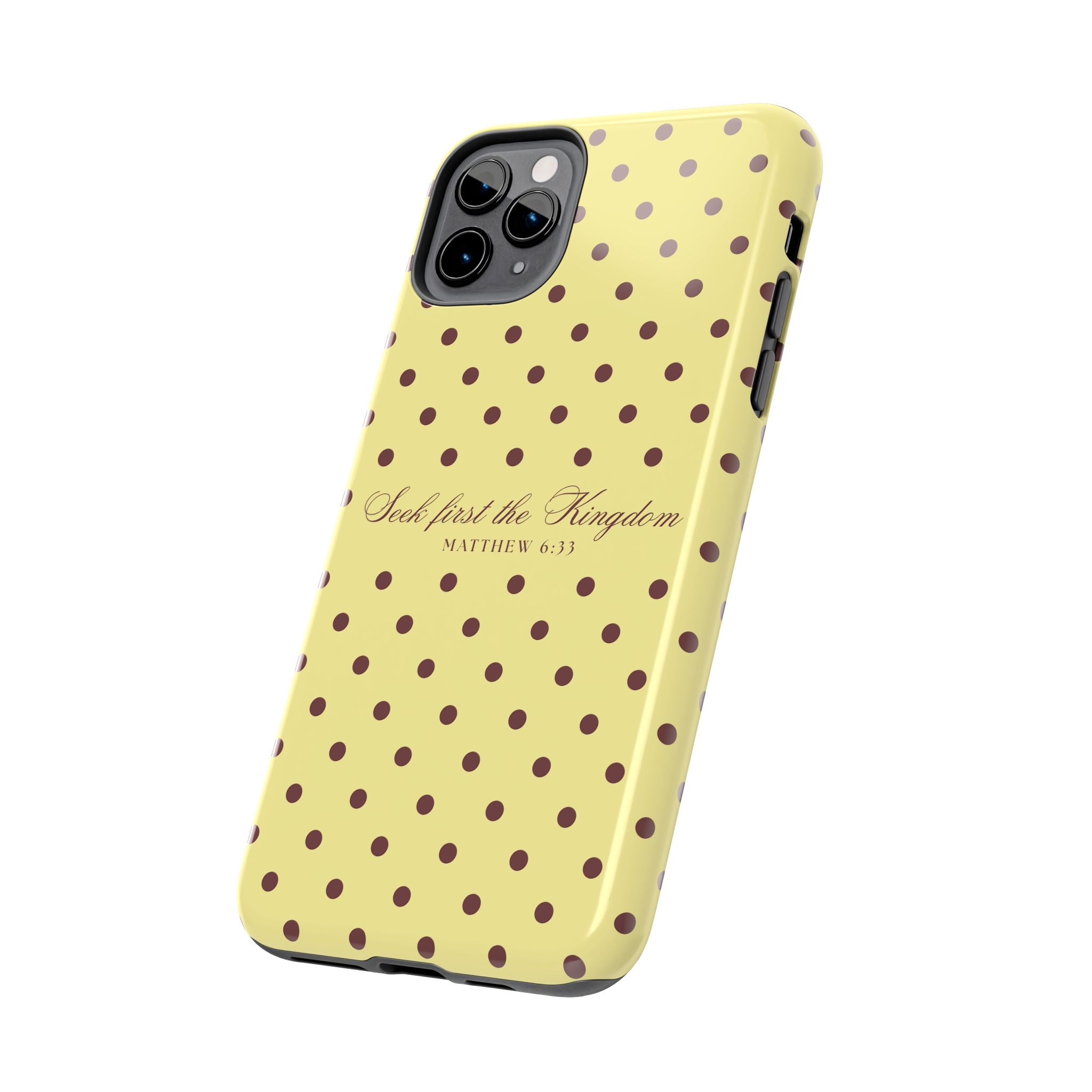 "Seek First the Kingdom" Polka Dot Phone Case — Yellow & Brown