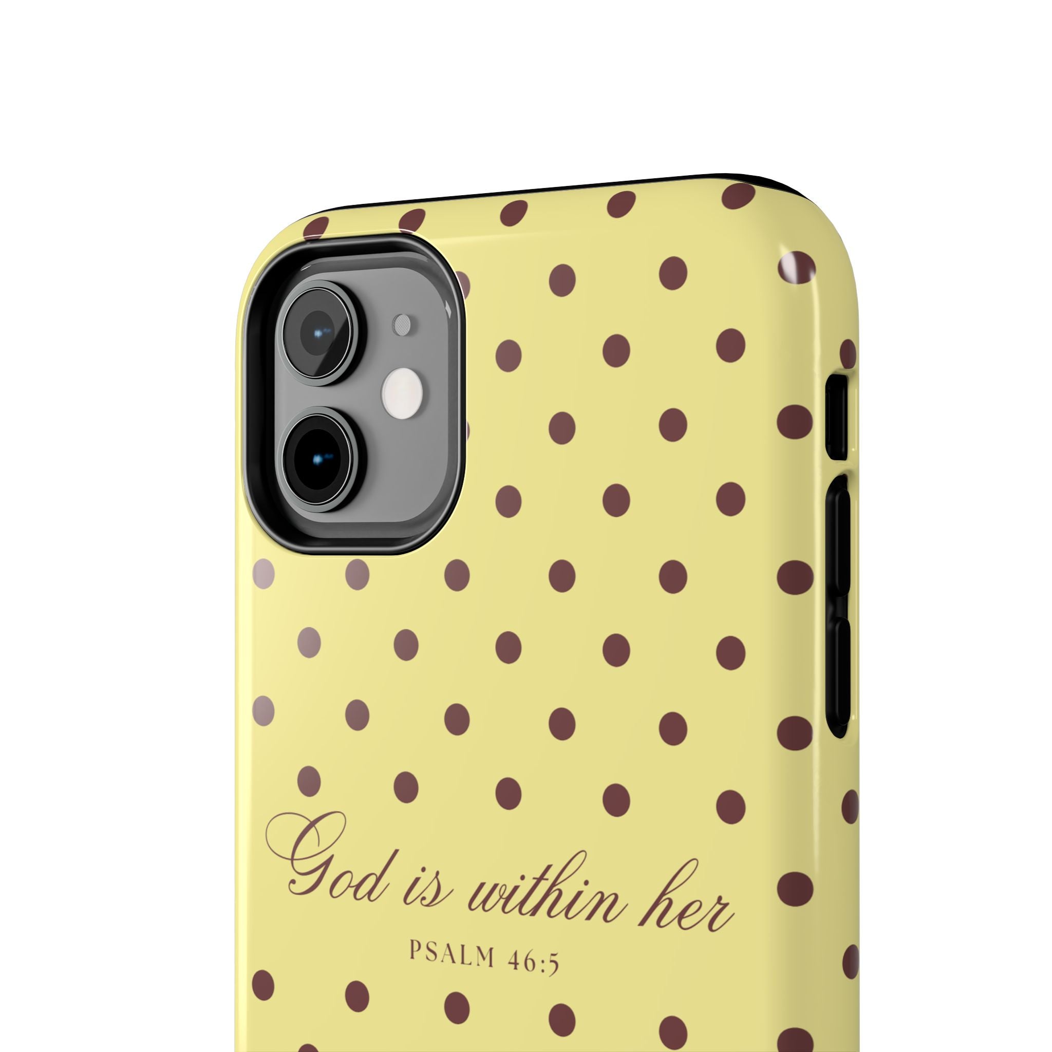 "God Is Within Her" Polka Dot Phone Case — Yellow & Brown