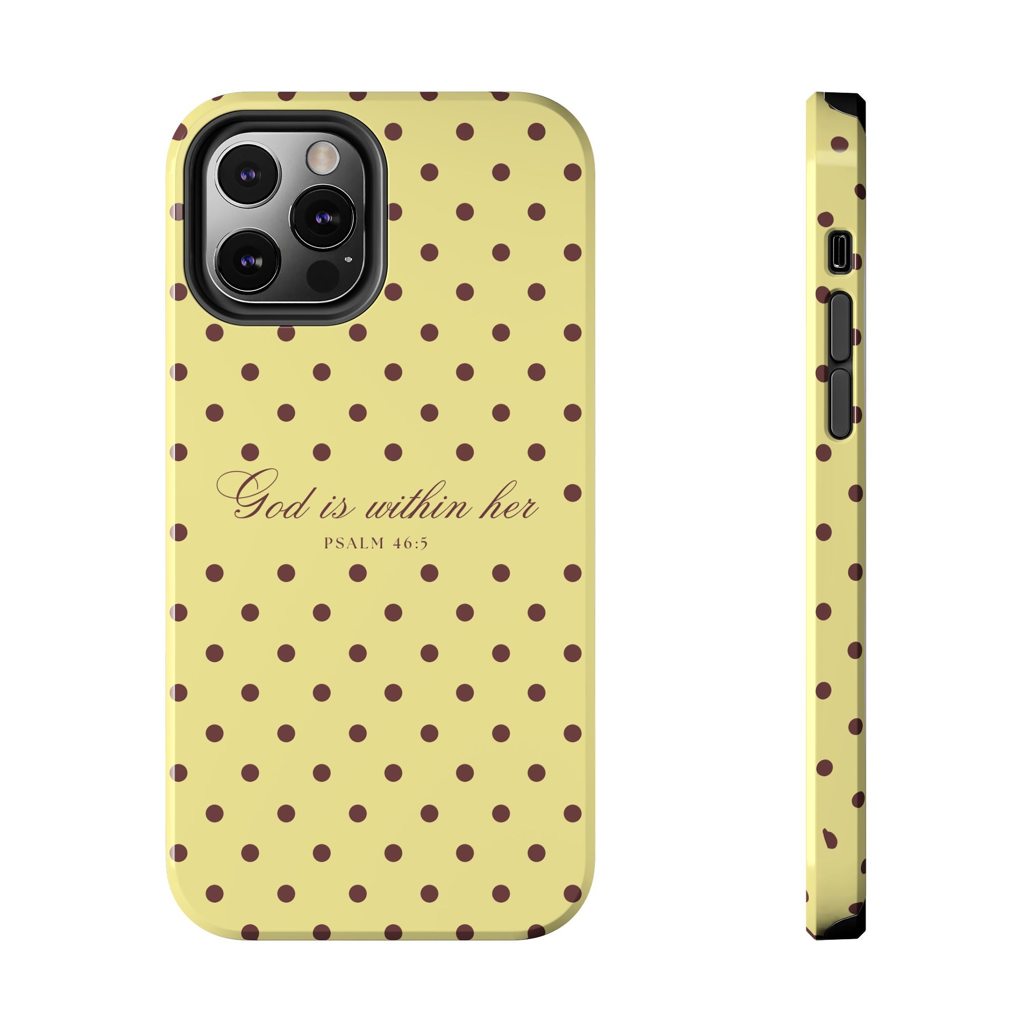 "God Is Within Her" Polka Dot Phone Case — Yellow & Brown