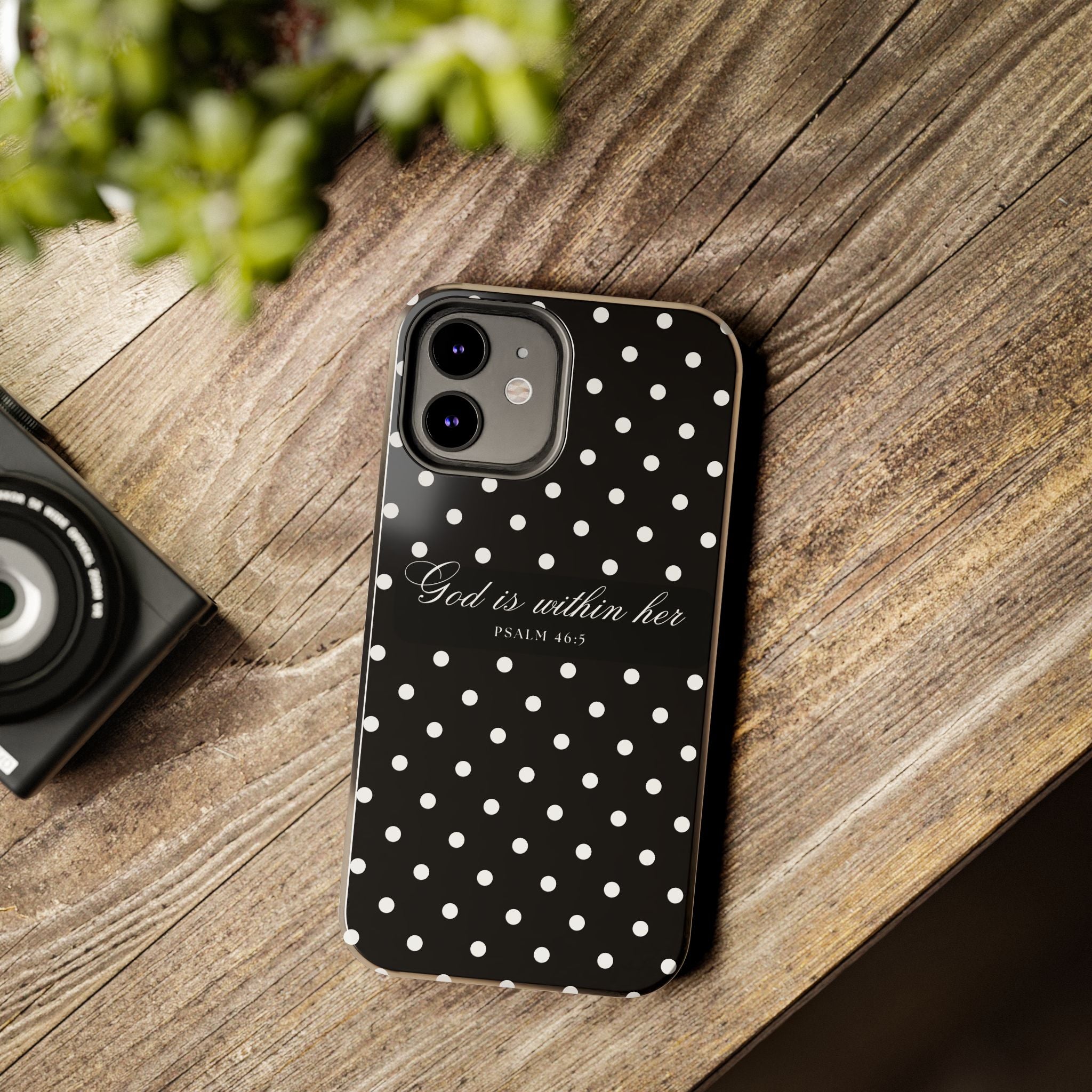 "God Is Within Her" Polka Dot Phone Case — Black & White