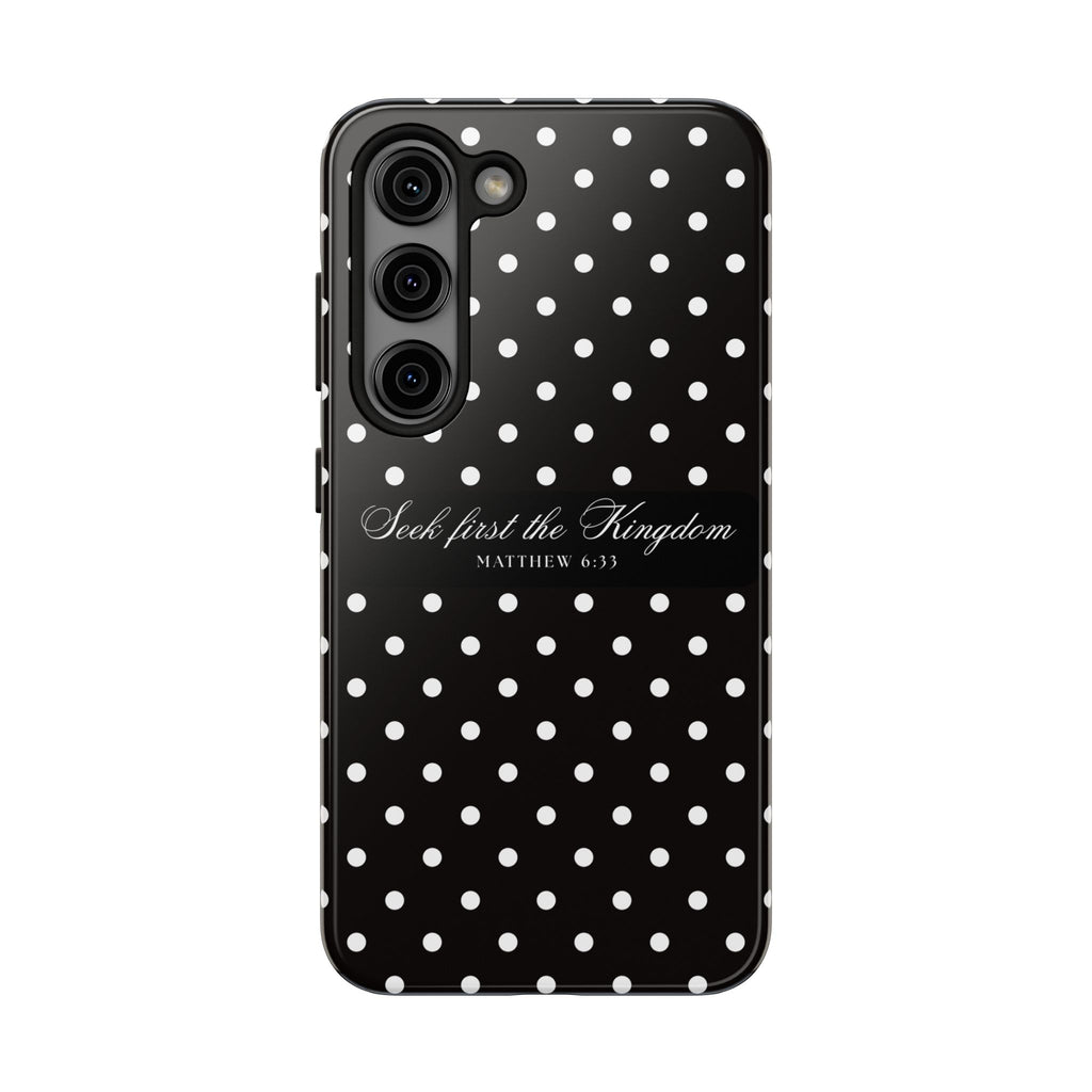 Polka Dot 'Seek First the Kingdom' Phone Case — Black & White