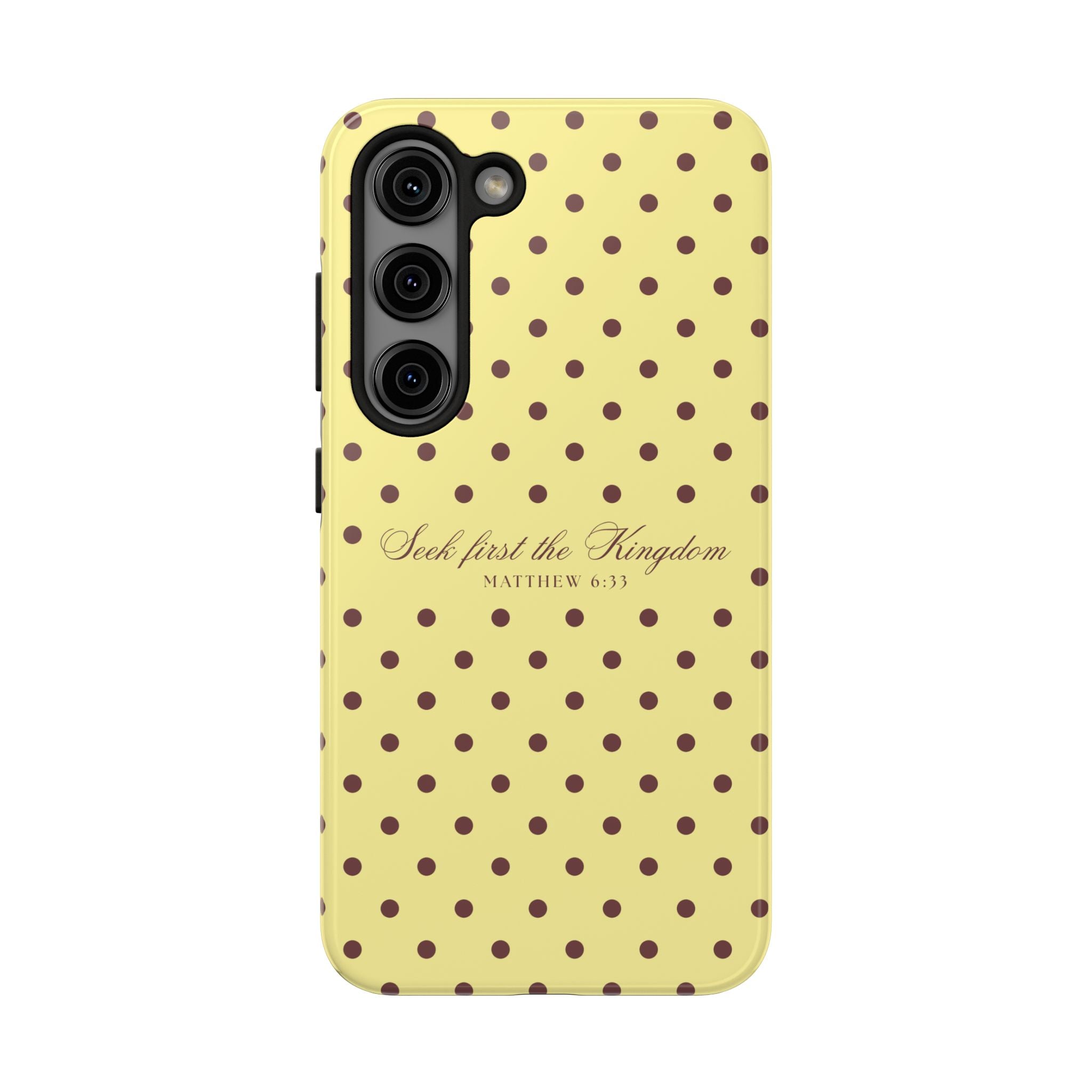 "Seek First the Kingdom" Polka Dot Phone Case — Yellow & Brown