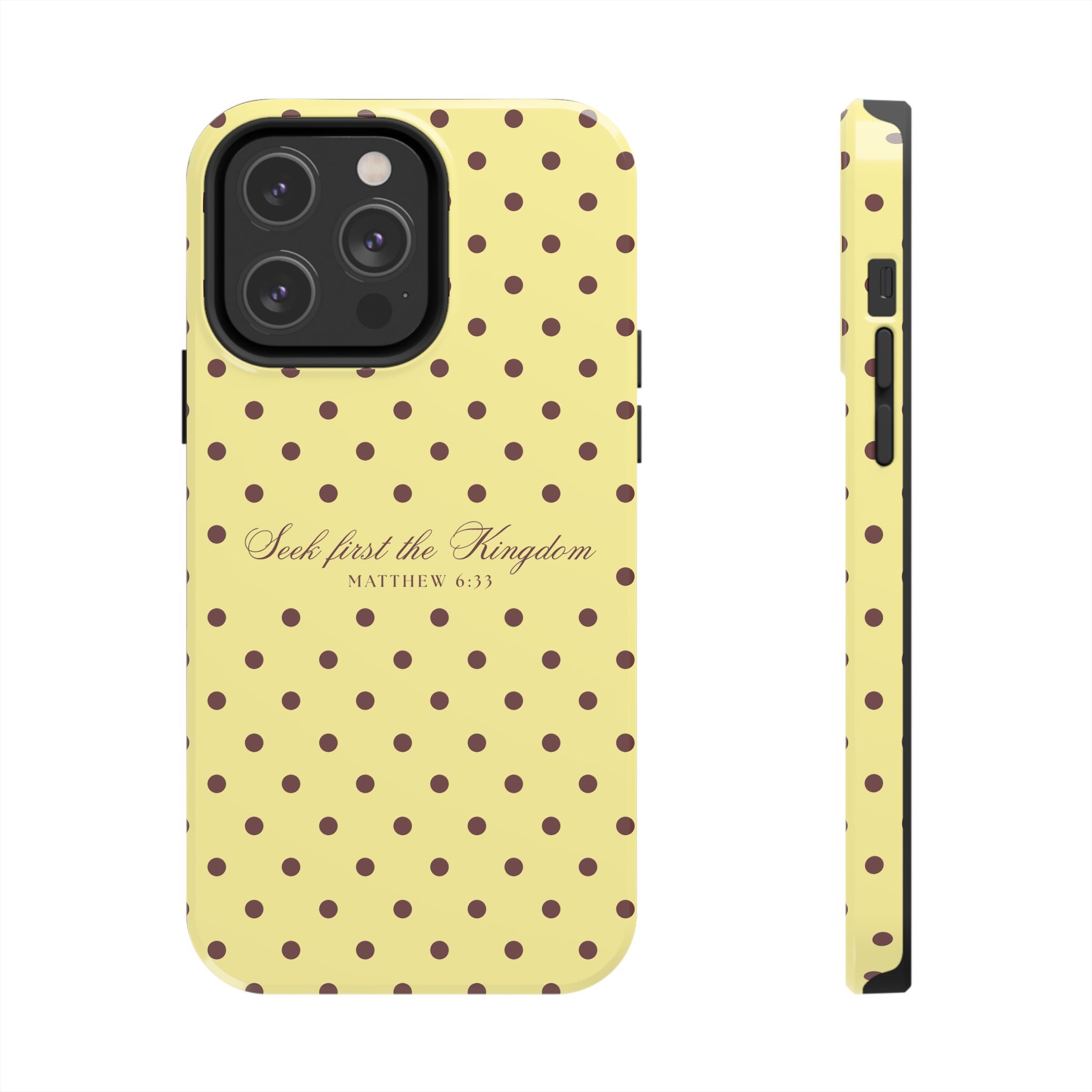 "Seek First the Kingdom" Polka Dot Phone Case — Yellow & Brown