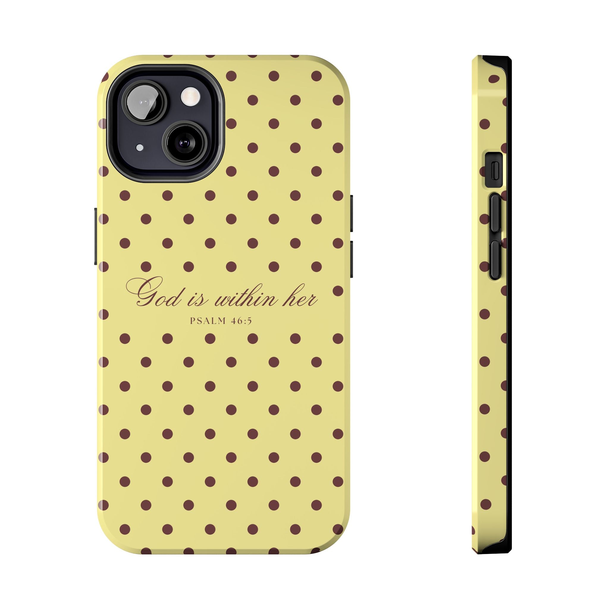 "God Is Within Her" Polka Dot Phone Case — Yellow & Brown