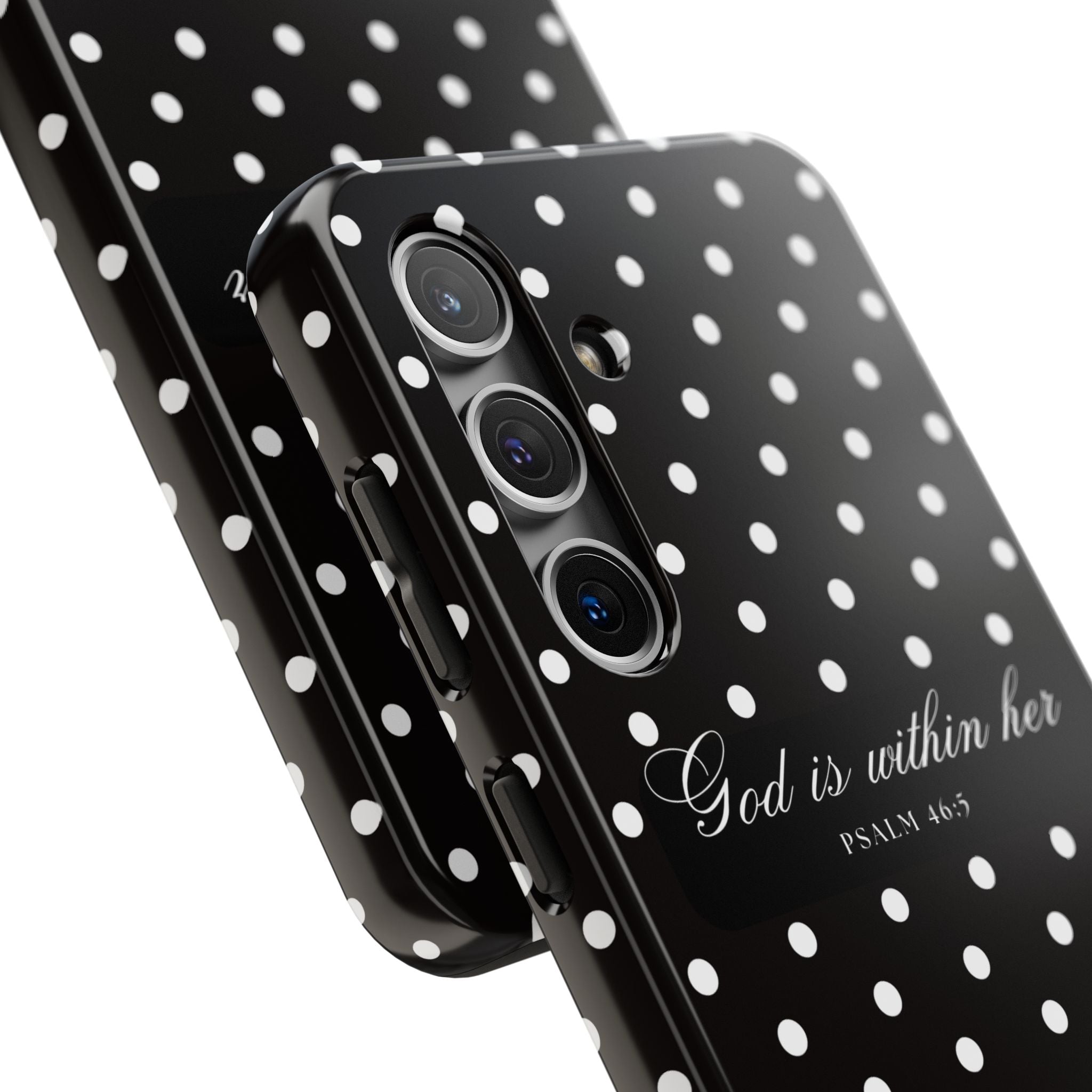 "God Is Within Her" Polka Dot Phone Case — Black & White