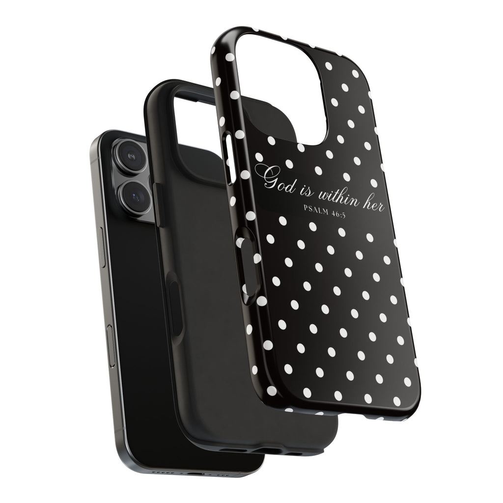 "God Is Within Her" Polka Dot Phone Case — Black & White