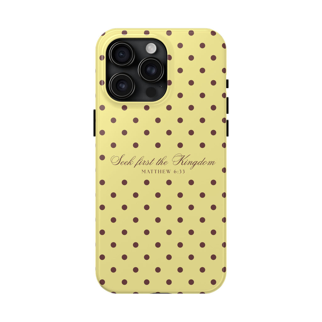 "Seek First the Kingdom" Polka Dot Phone Case — Yellow & Brown