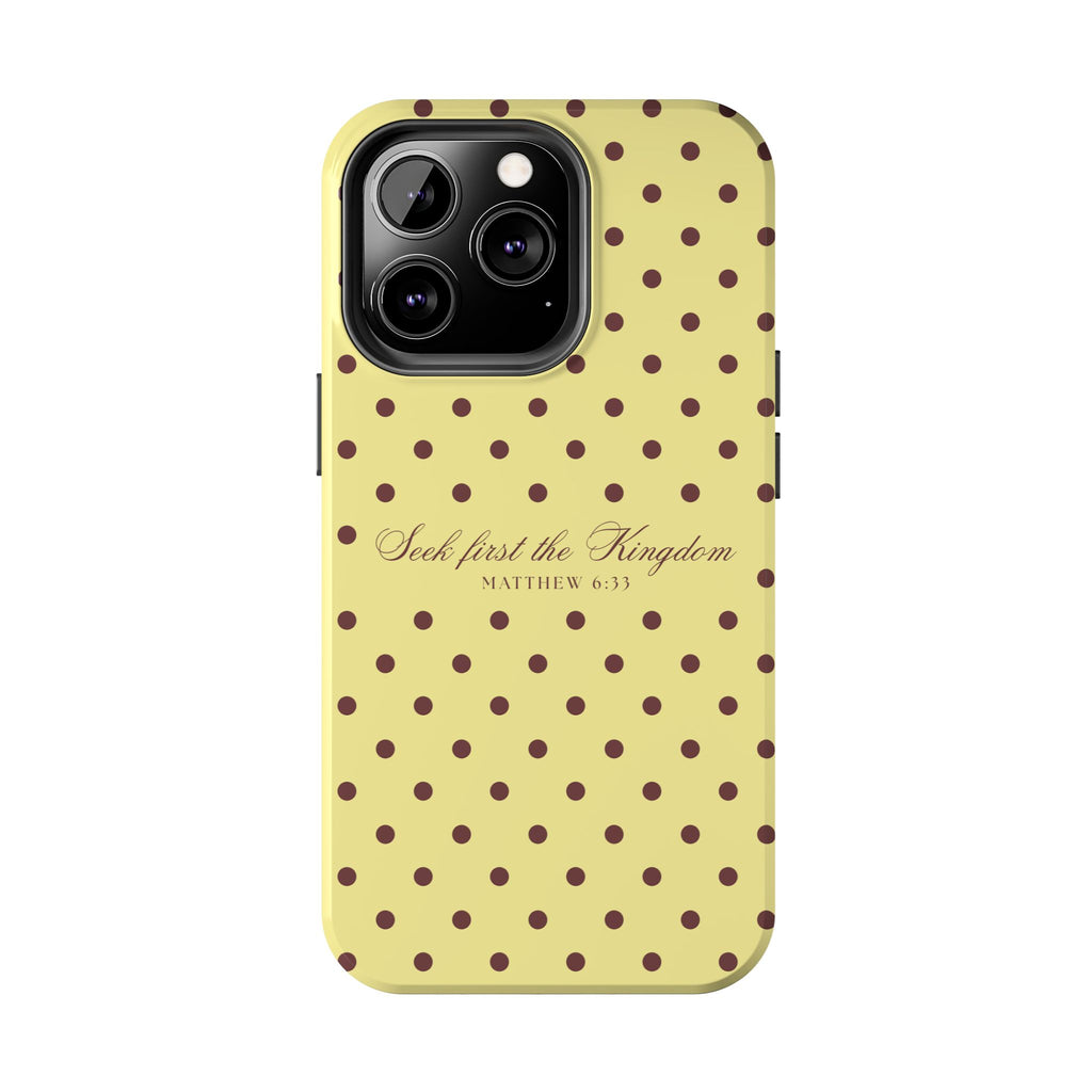 "Seek First the Kingdom" Polka Dot Phone Case — Yellow & Brown
