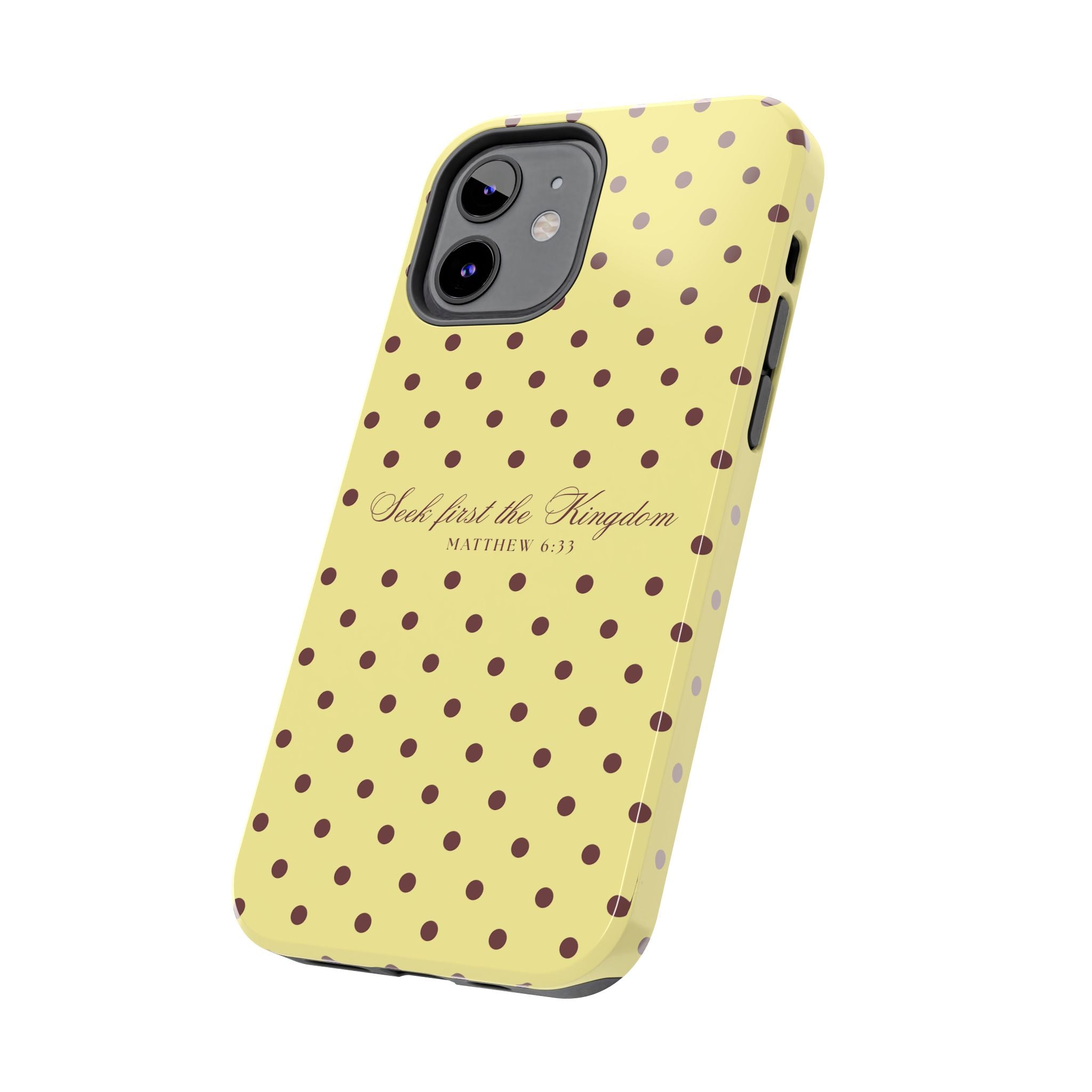 "Seek First the Kingdom" Polka Dot Phone Case — Yellow & Brown