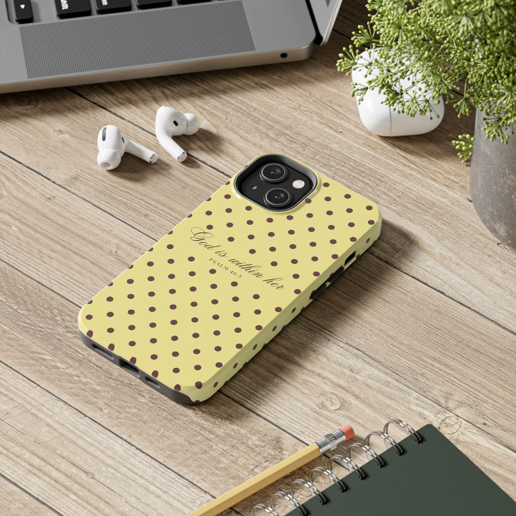 "God Is Within Her" Polka Dot Phone Case — Yellow & Brown