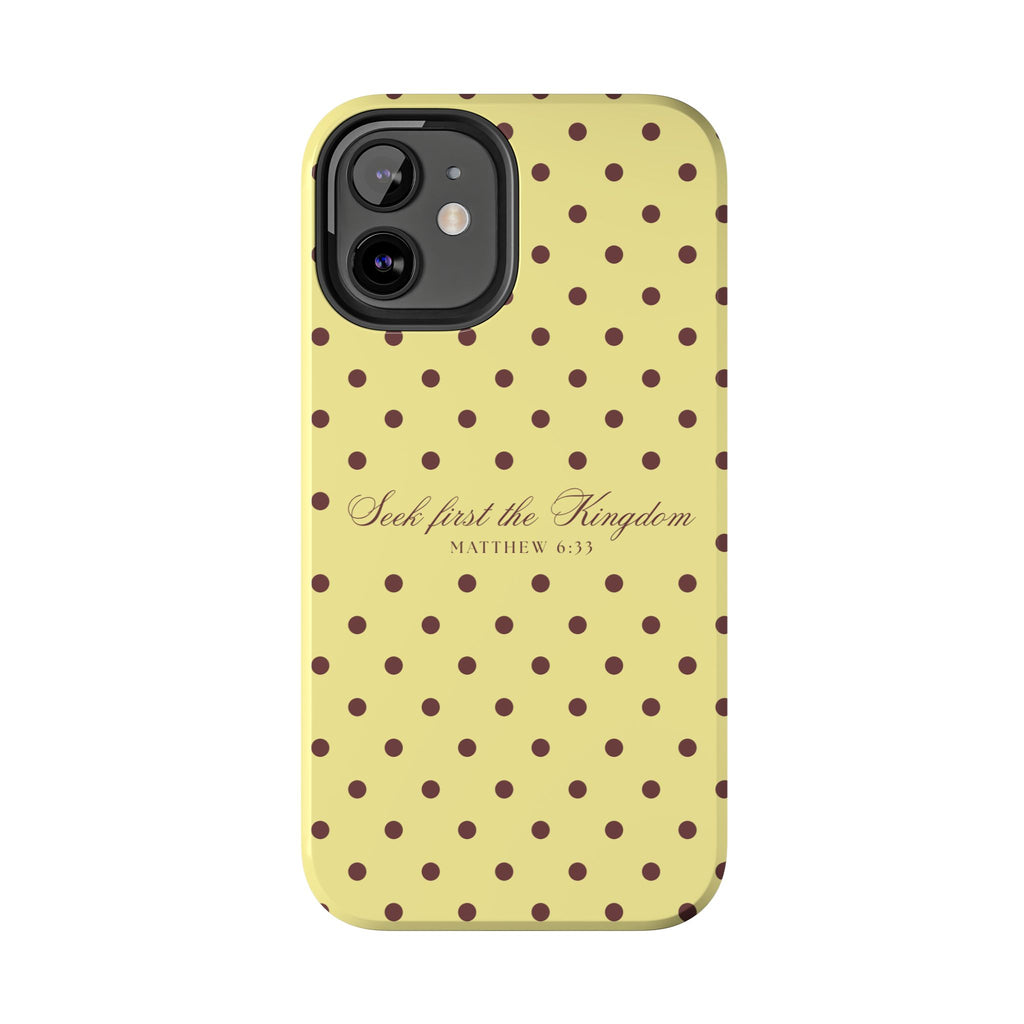 "Seek First the Kingdom" Polka Dot Phone Case — Yellow & Brown