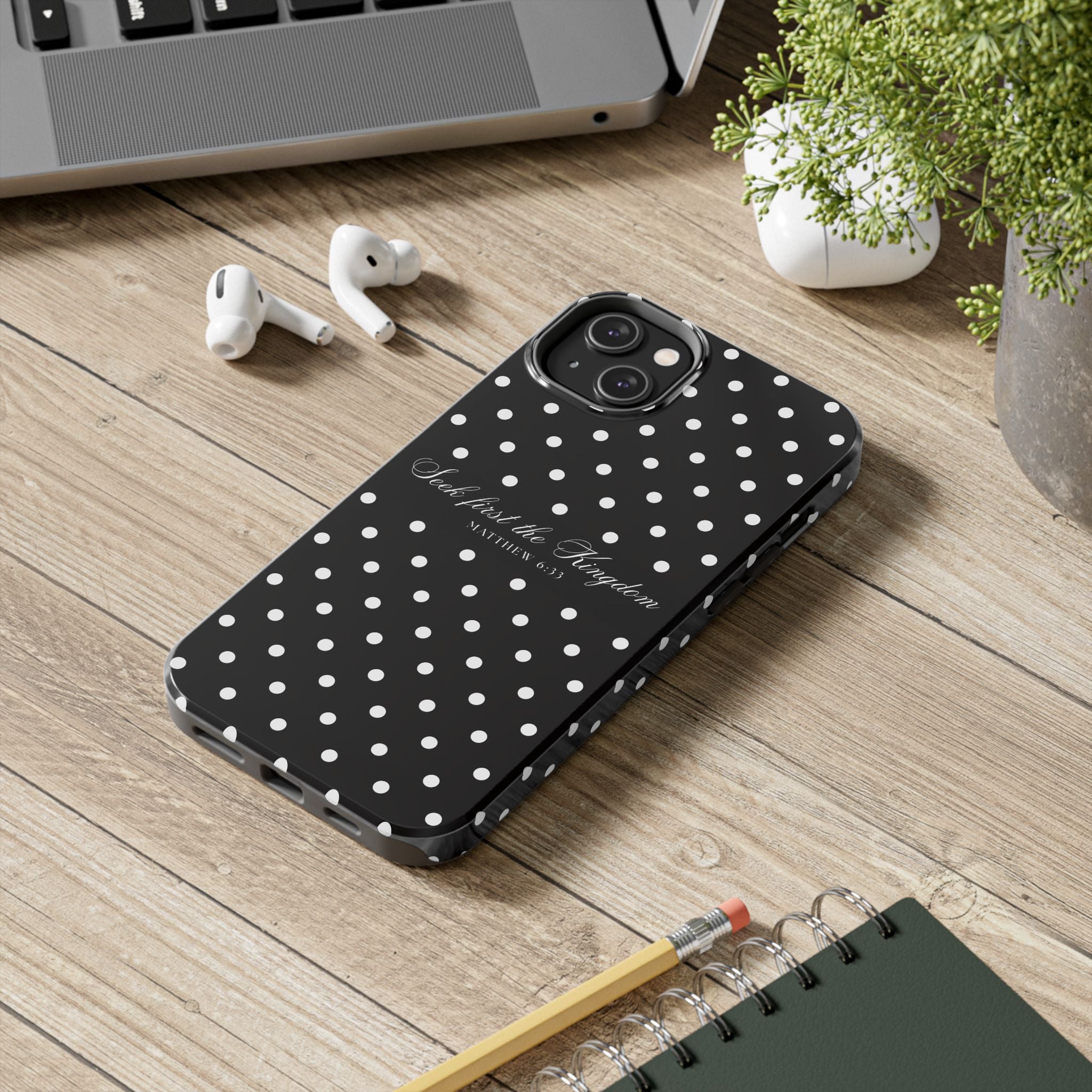 Polka Dot 'Seek First the Kingdom' Phone Case — Black & White