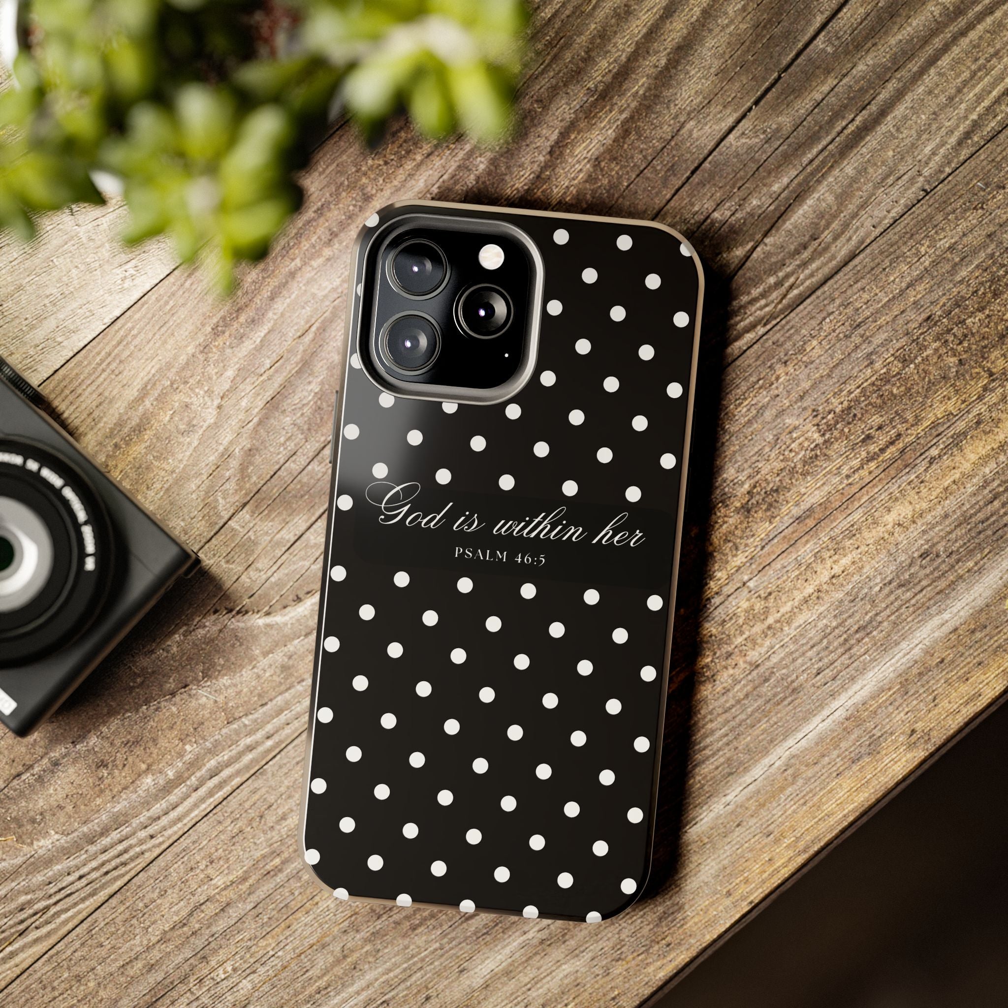 "God Is Within Her" Polka Dot Phone Case — Black & White
