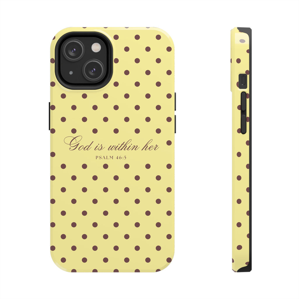 "God Is Within Her" Polka Dot Phone Case — Yellow & Brown