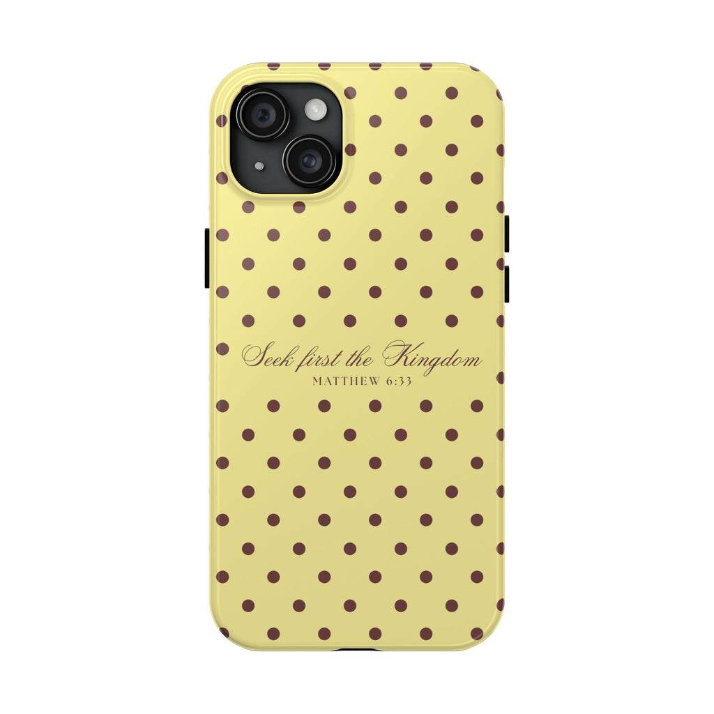 "Seek First the Kingdom" Polka Dot Phone Case — Yellow & Brown