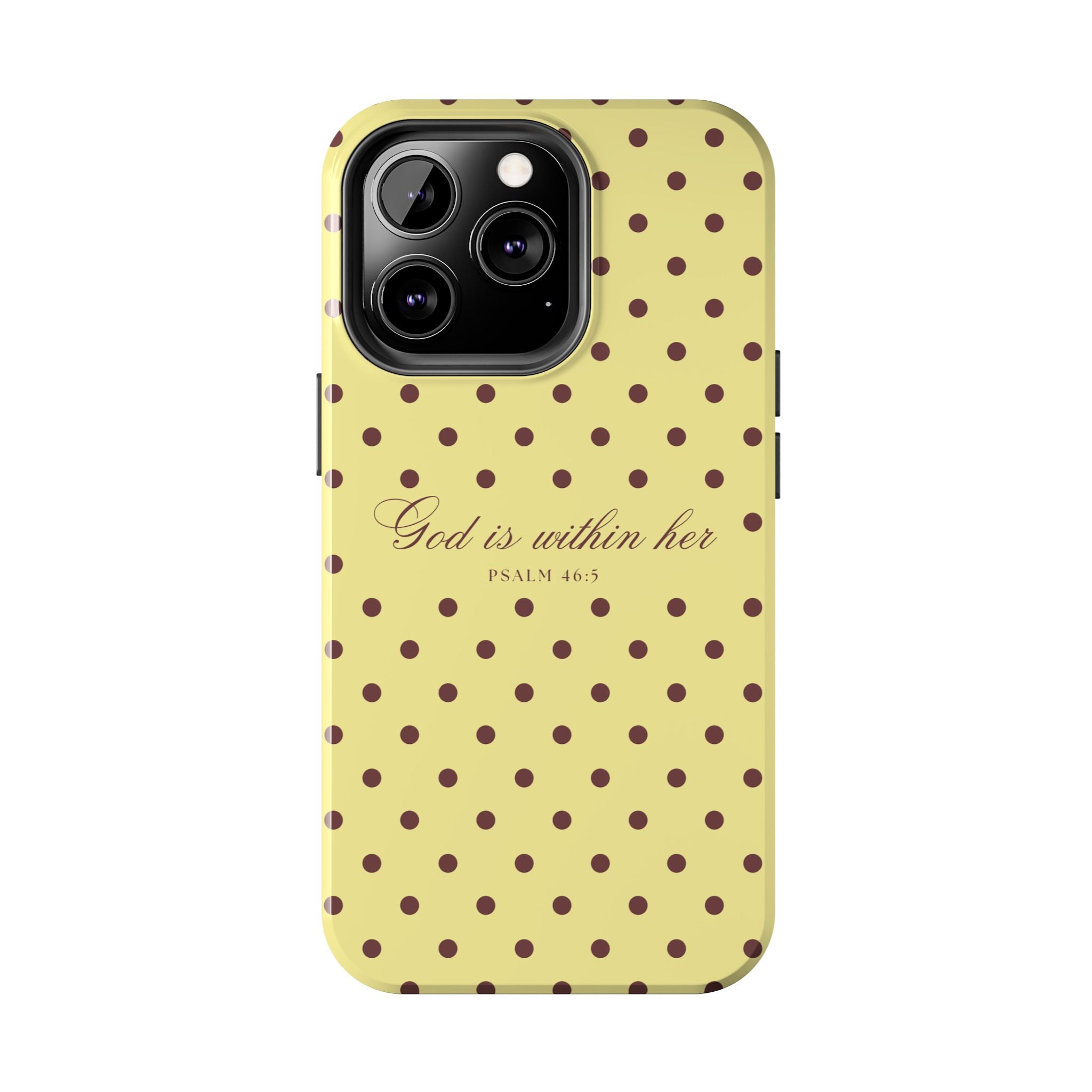 "God Is Within Her" Polka Dot Phone Case — Yellow & Brown