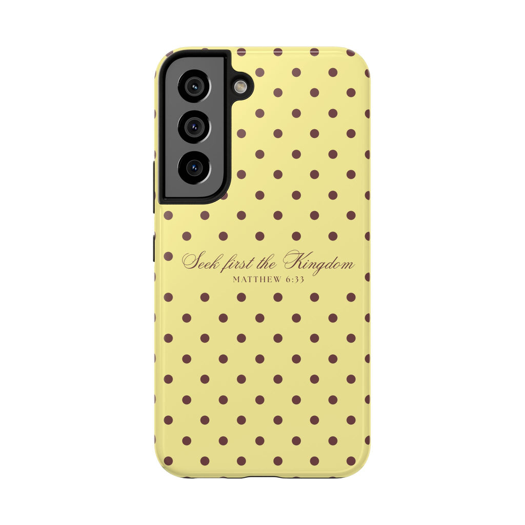 "Seek First the Kingdom" Polka Dot Phone Case — Yellow & Brown