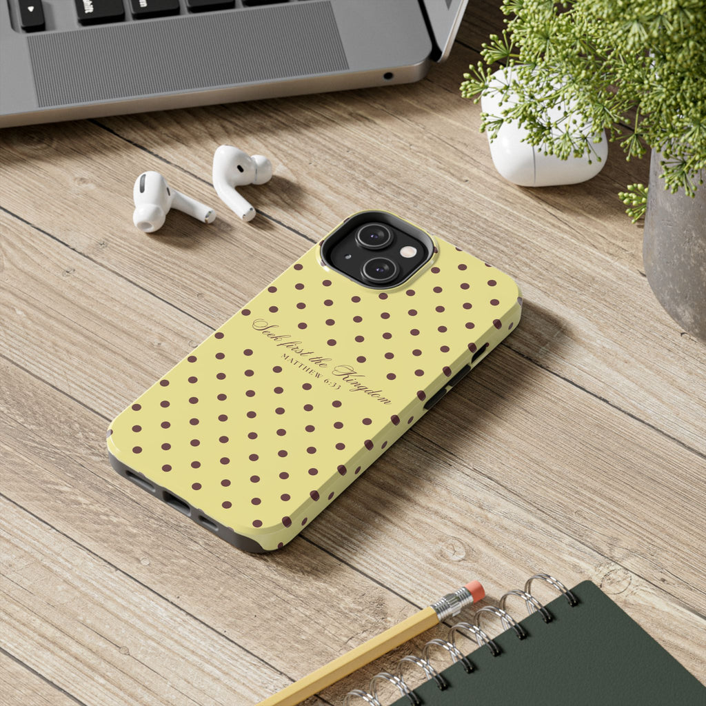 "Seek First the Kingdom" Polka Dot Phone Case — Yellow & Brown
