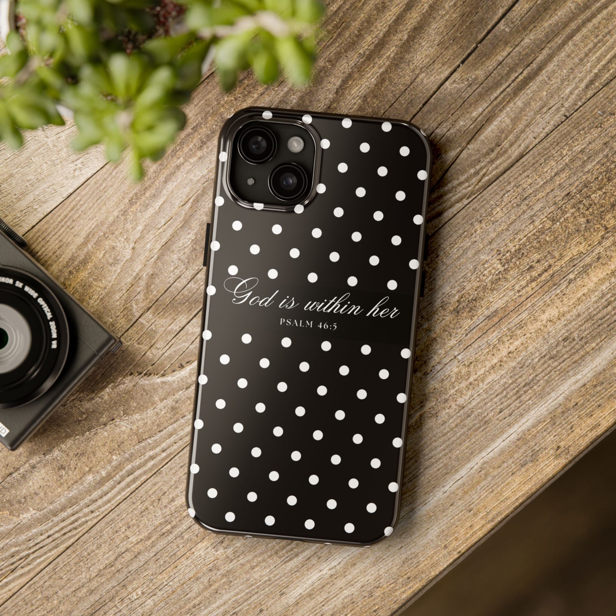 "God Is Within Her" Polka Dot Phone Case — Black & White