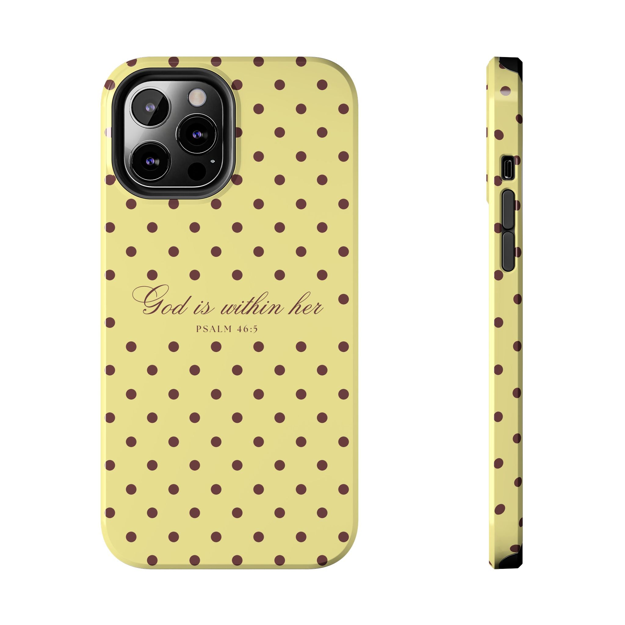 "God Is Within Her" Polka Dot Phone Case — Yellow & Brown