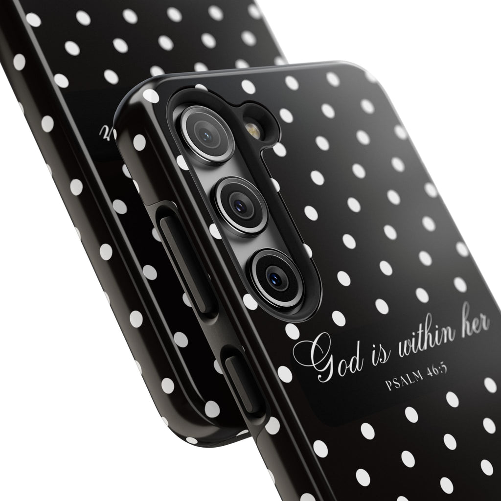 "God Is Within Her" Polka Dot Phone Case — Black & White