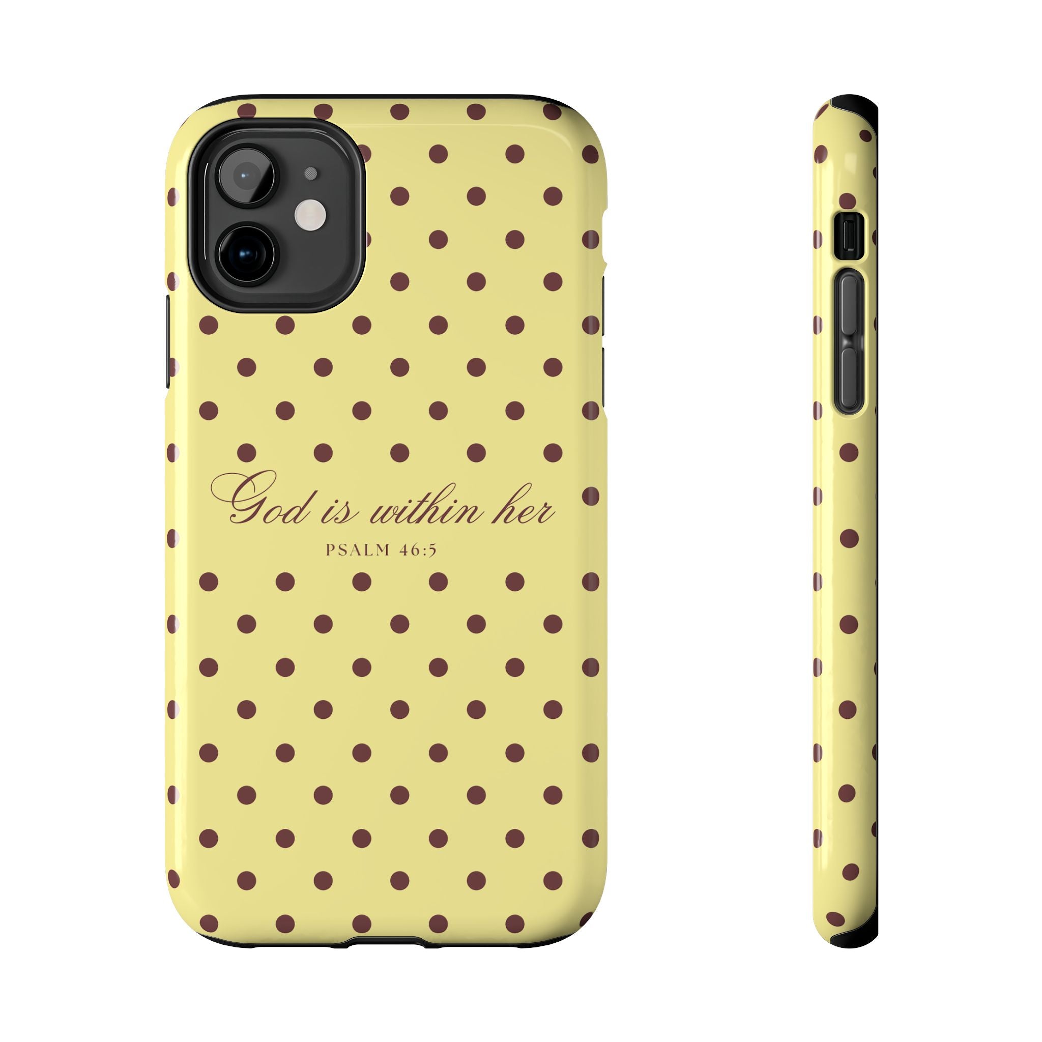 "God Is Within Her" Polka Dot Phone Case — Yellow & Brown