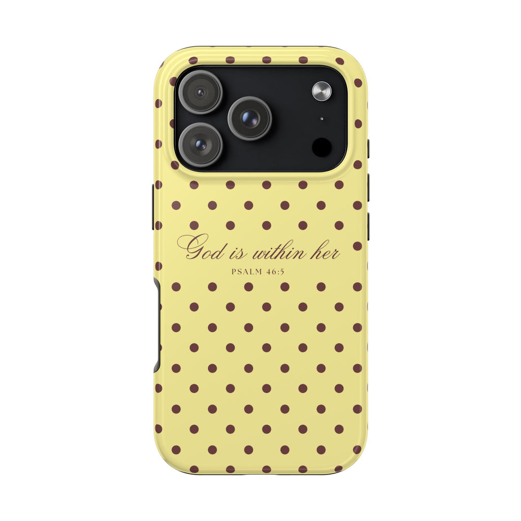 "God Is Within Her" Polka Dot Phone Case — Yellow & Brown