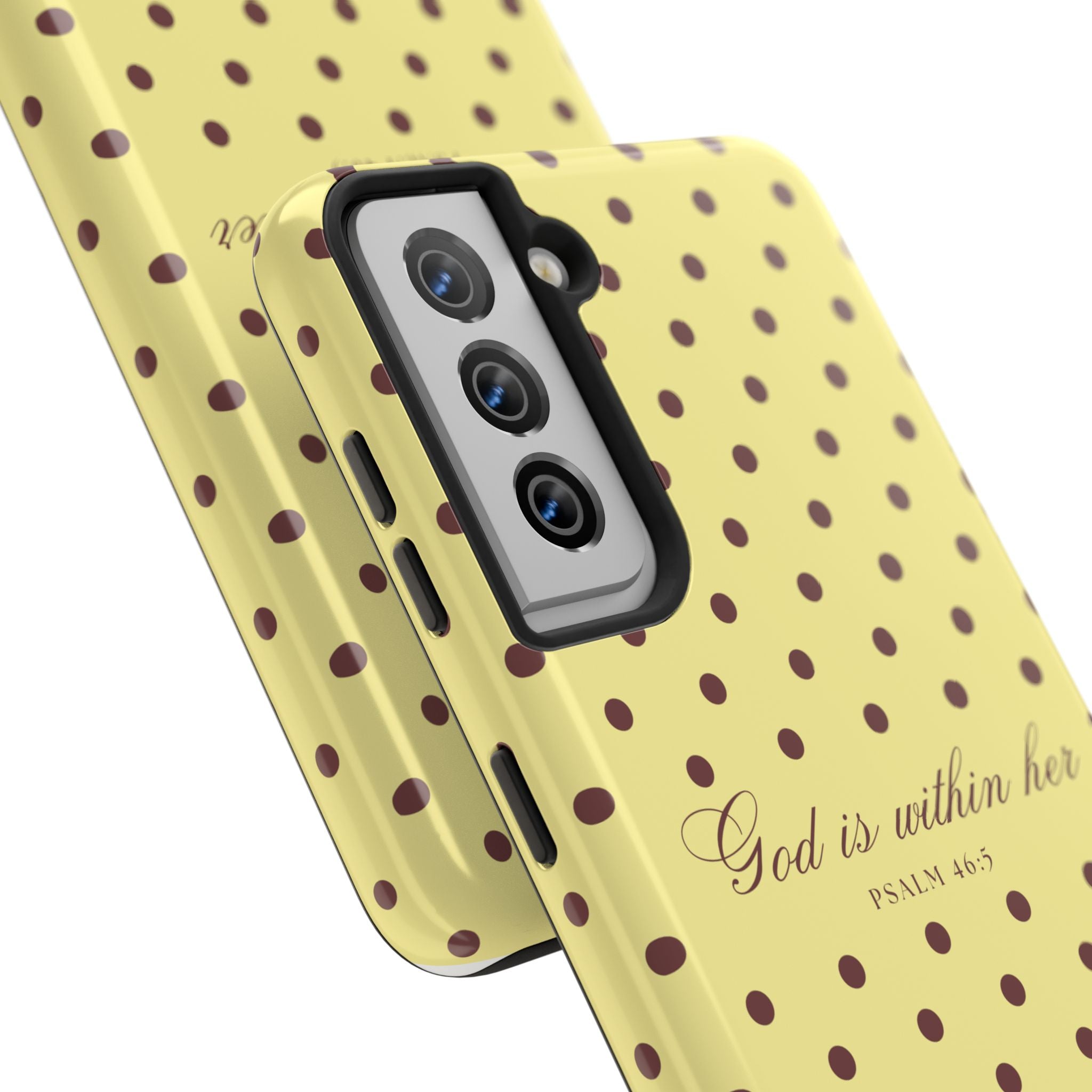 "God Is Within Her" Polka Dot Phone Case — Yellow & Brown