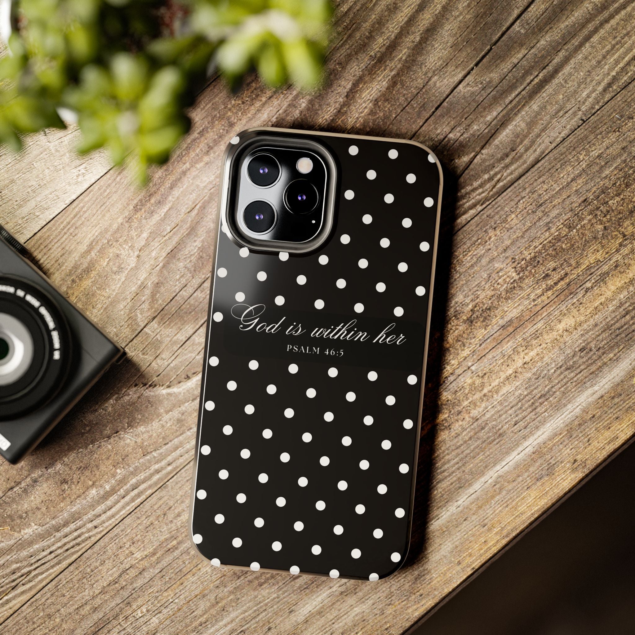 "God Is Within Her" Polka Dot Phone Case — Black & White
