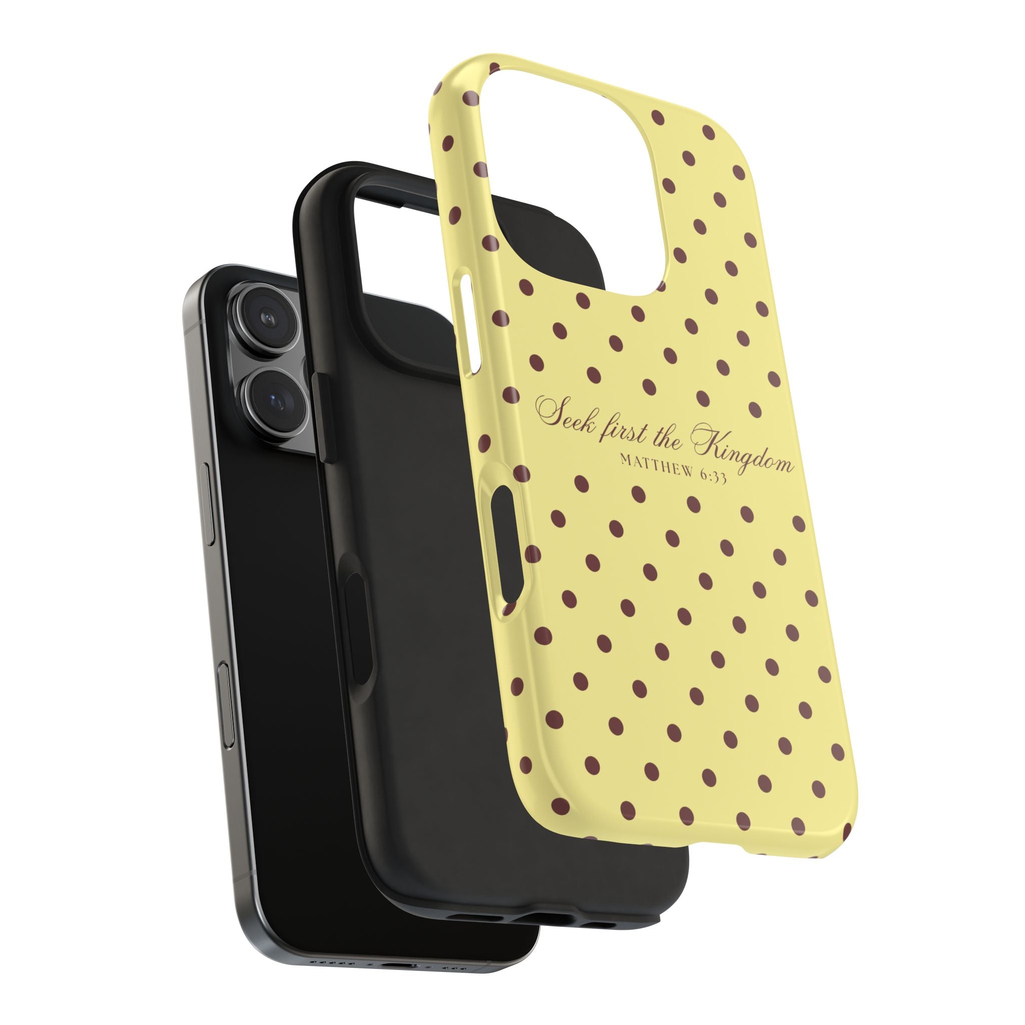 "Seek First the Kingdom" Polka Dot Phone Case — Yellow & Brown