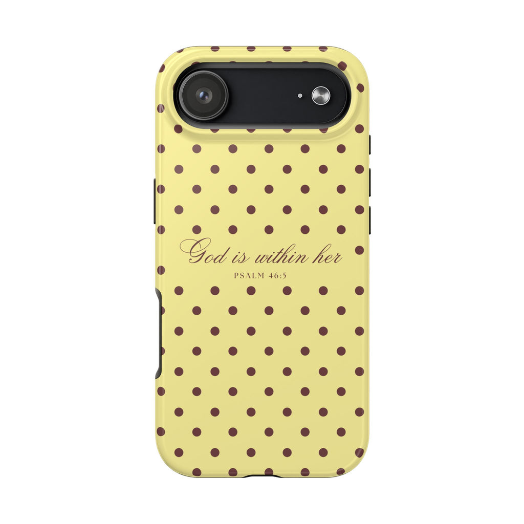 "God Is Within Her" Polka Dot Phone Case — Yellow & Brown