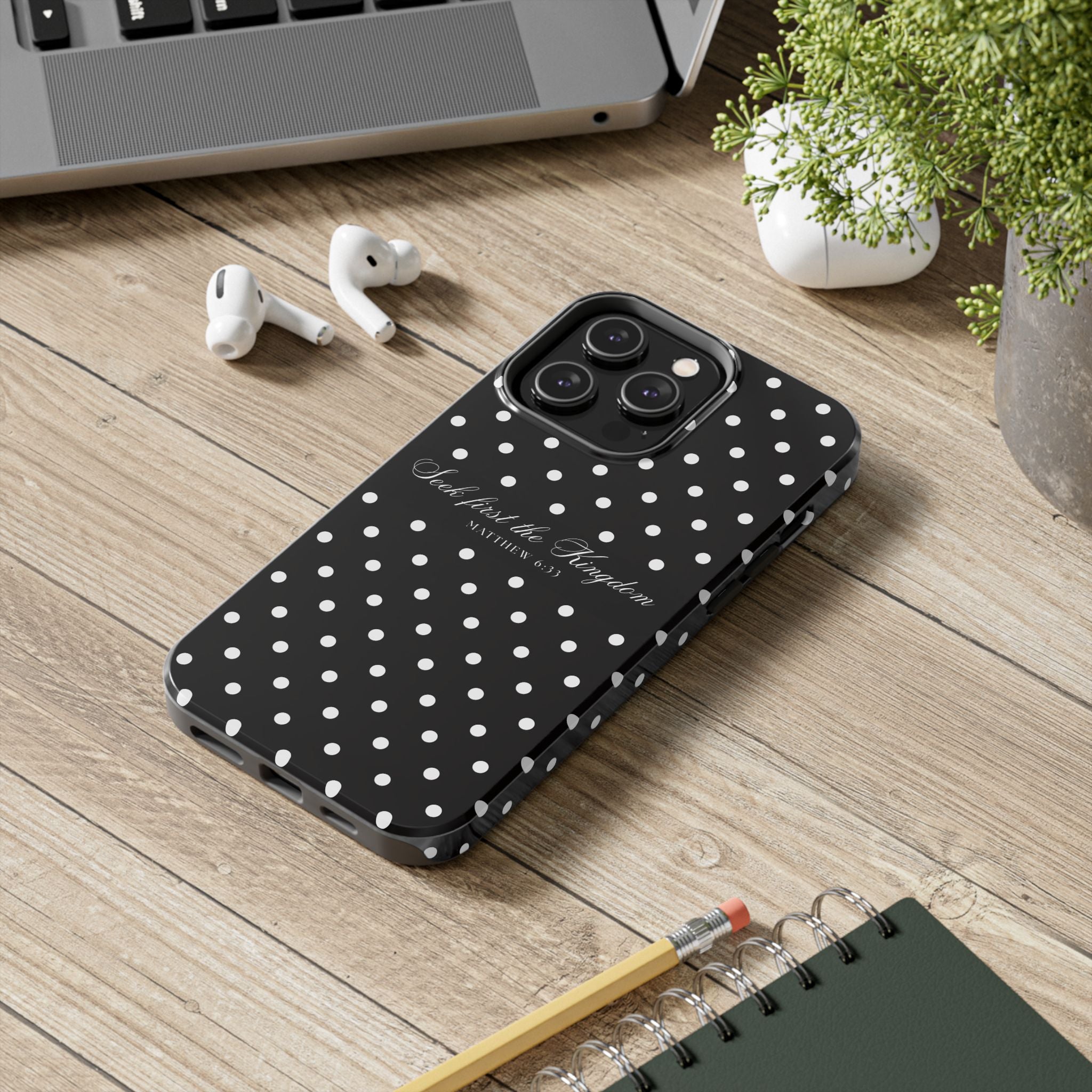 Polka Dot 'Seek First the Kingdom' Phone Case — Black & White