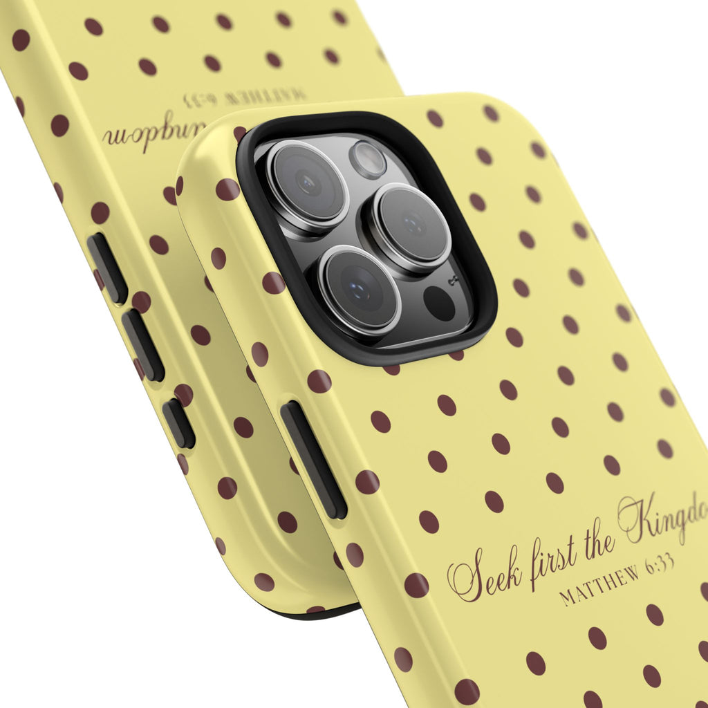 "Seek First the Kingdom" Polka Dot Phone Case — Yellow & Brown