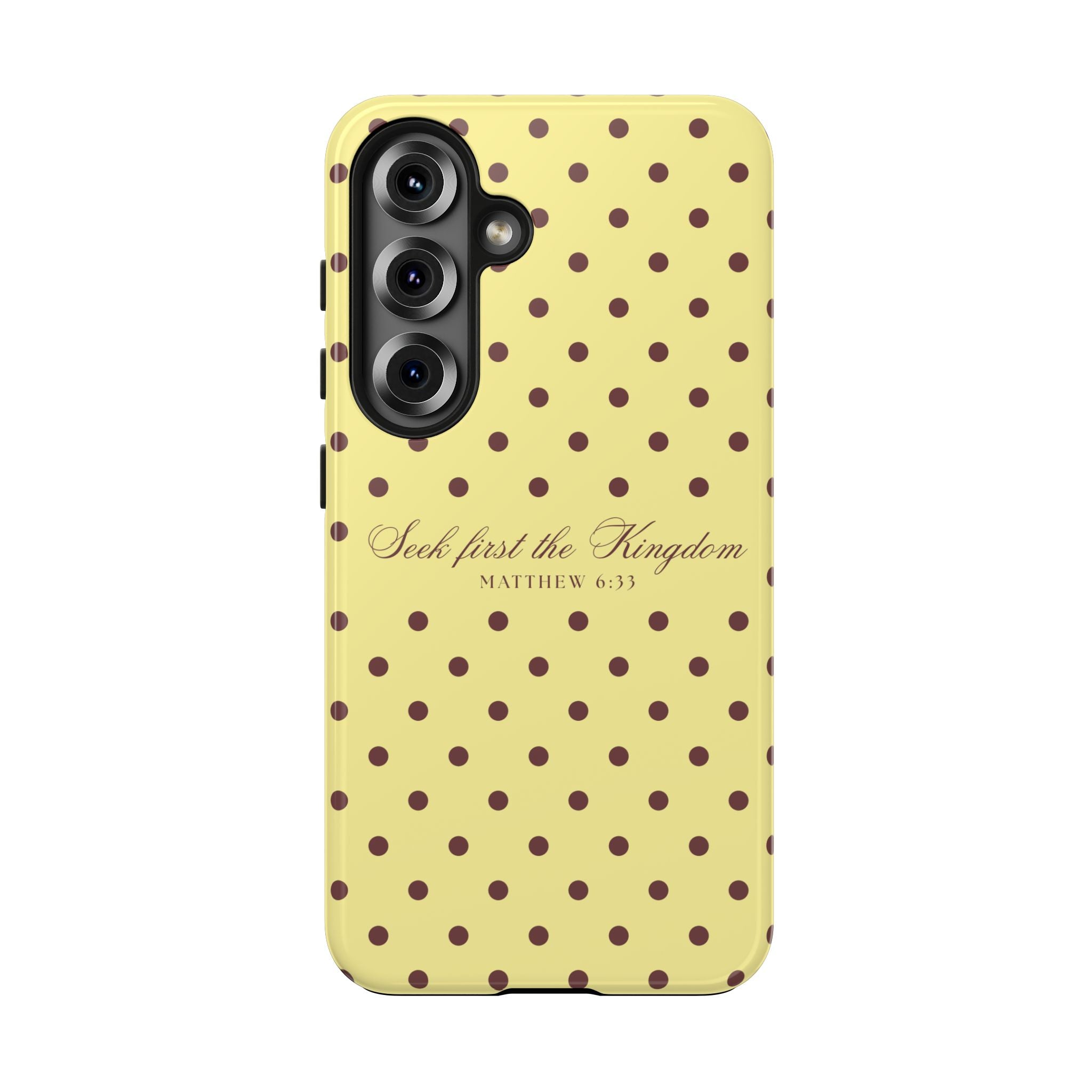 "Seek First the Kingdom" Polka Dot Phone Case — Yellow & Brown